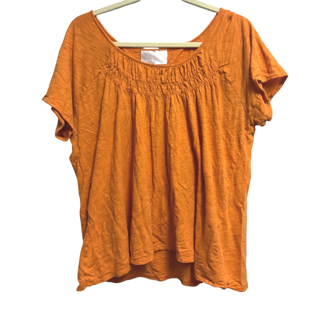 The Peasant Smocked Slub Knit Boho Orange Short Sleeve Top Plus Size 1X/2X